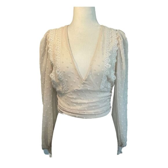 Privy Cropped Lace Blouse Cream Sheer Swiss Dots V-Neck Smocked Long Sleeve S - Picture 1 of 8